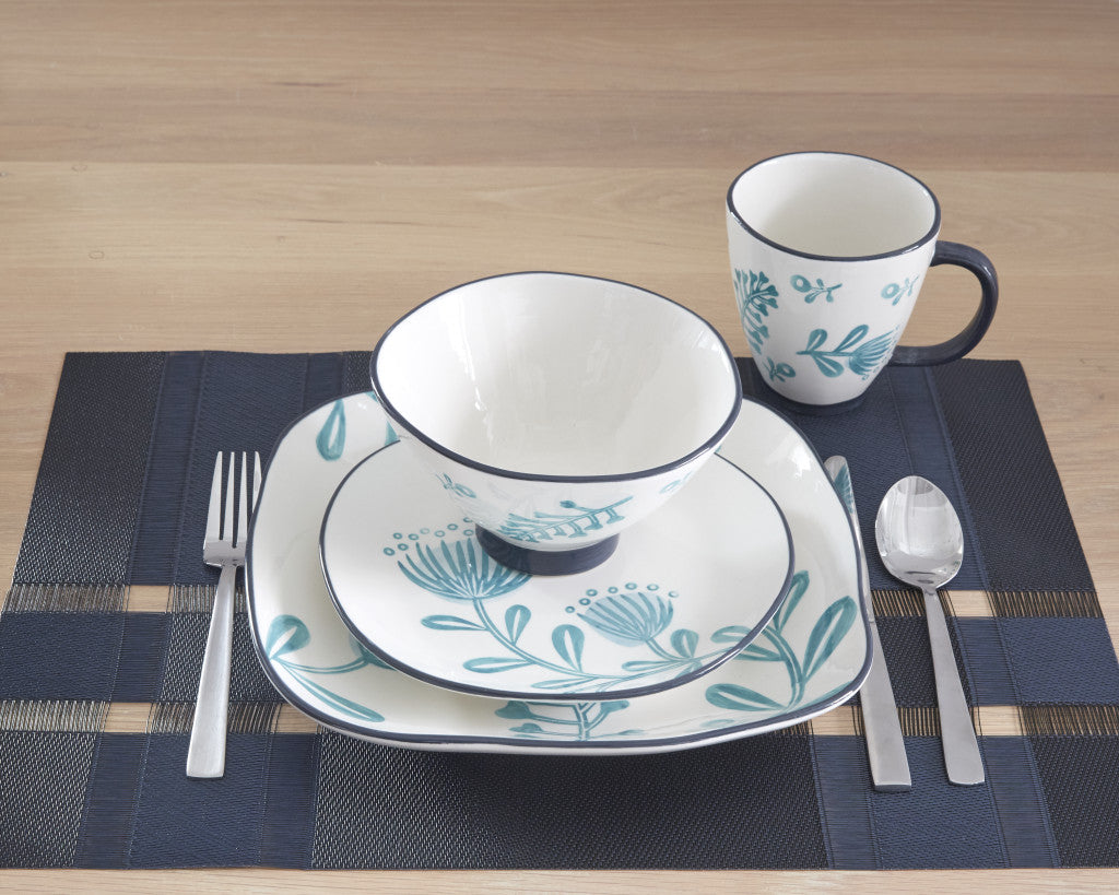 CALABASAS BLUE AND WHITE SIXTEEN PIECE ROUND FLORAL CERAMIC SERVICE FOR FOUR DINNERWARE SET - Varnish & Vibe