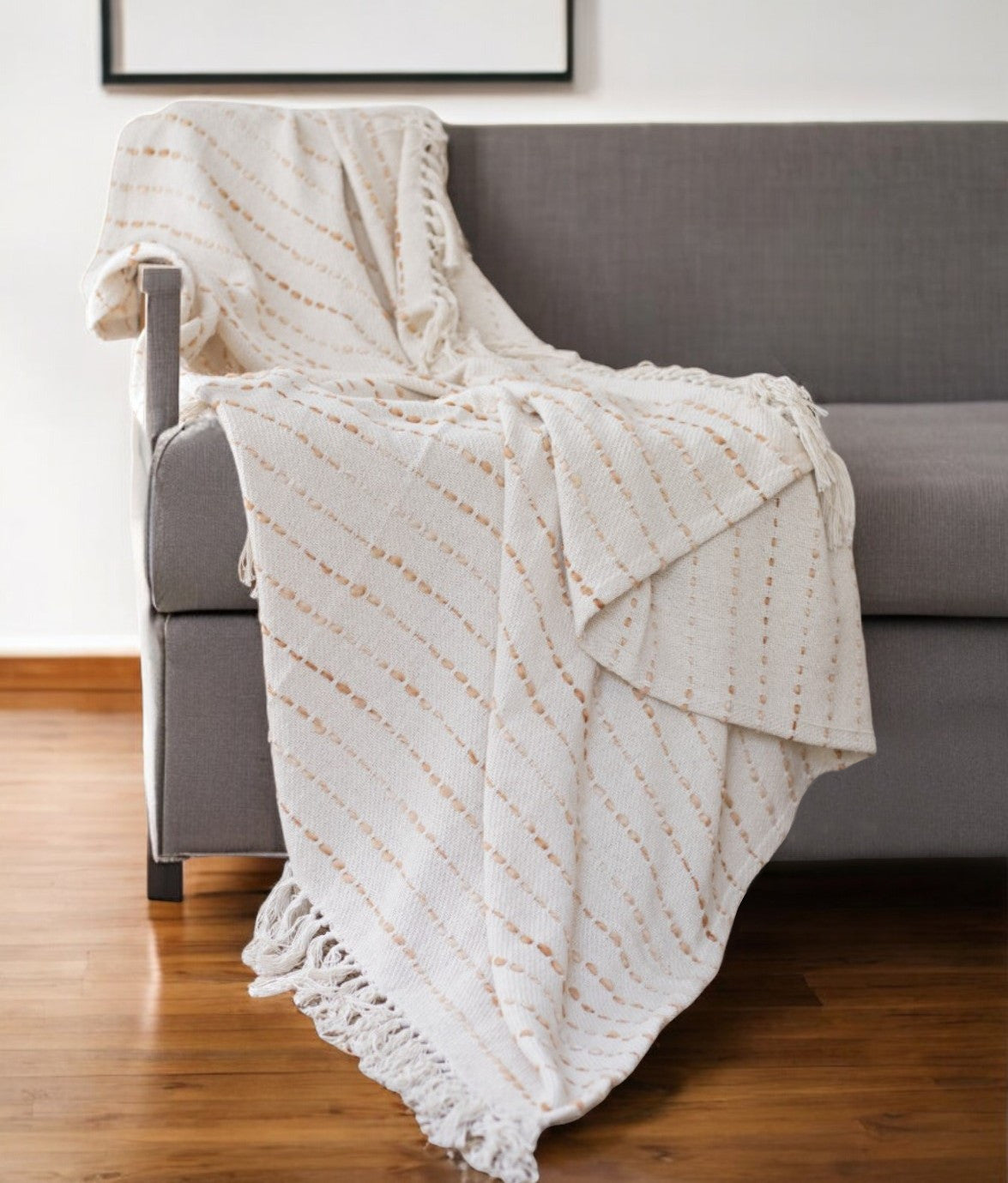 REDONDO WHITE AND BROWN COTTON THROW BLANKET