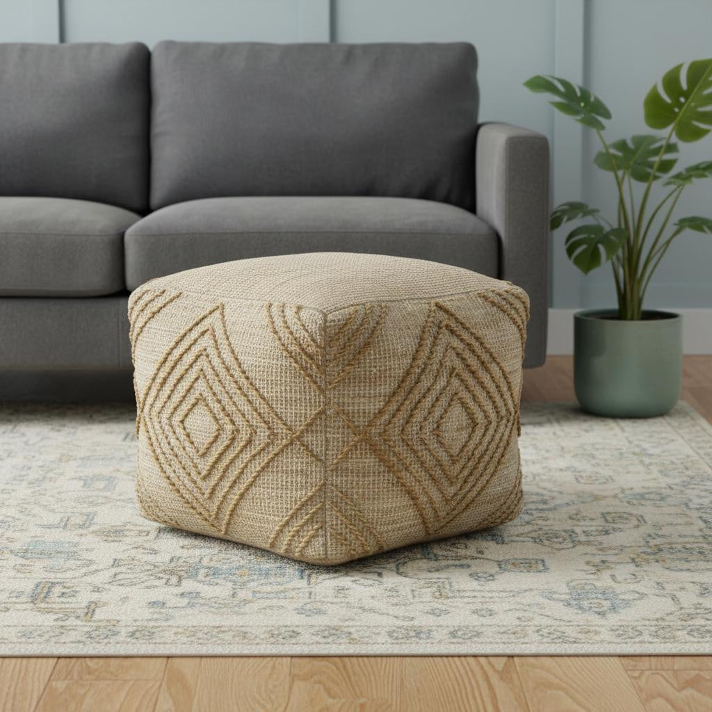 18" NATURAL JUTE BLEND CUBE GEOMETRIC POUF OTTOMAN - Varnish & Vibe