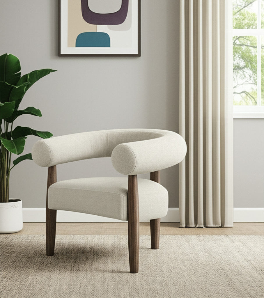 29" CREAM AND LIGHT BROWN FABRIC AND WOOD CURVED ARM CHAIR - Varnish & Vibe