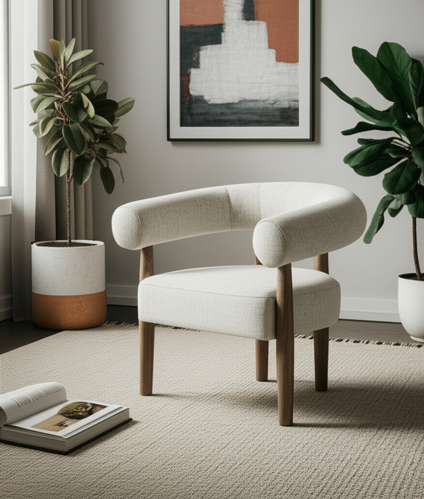 29" OFF WHITE AND ASH GRAY FABRIC AND WOOD ARMCHAIR - Varnish & Vibe