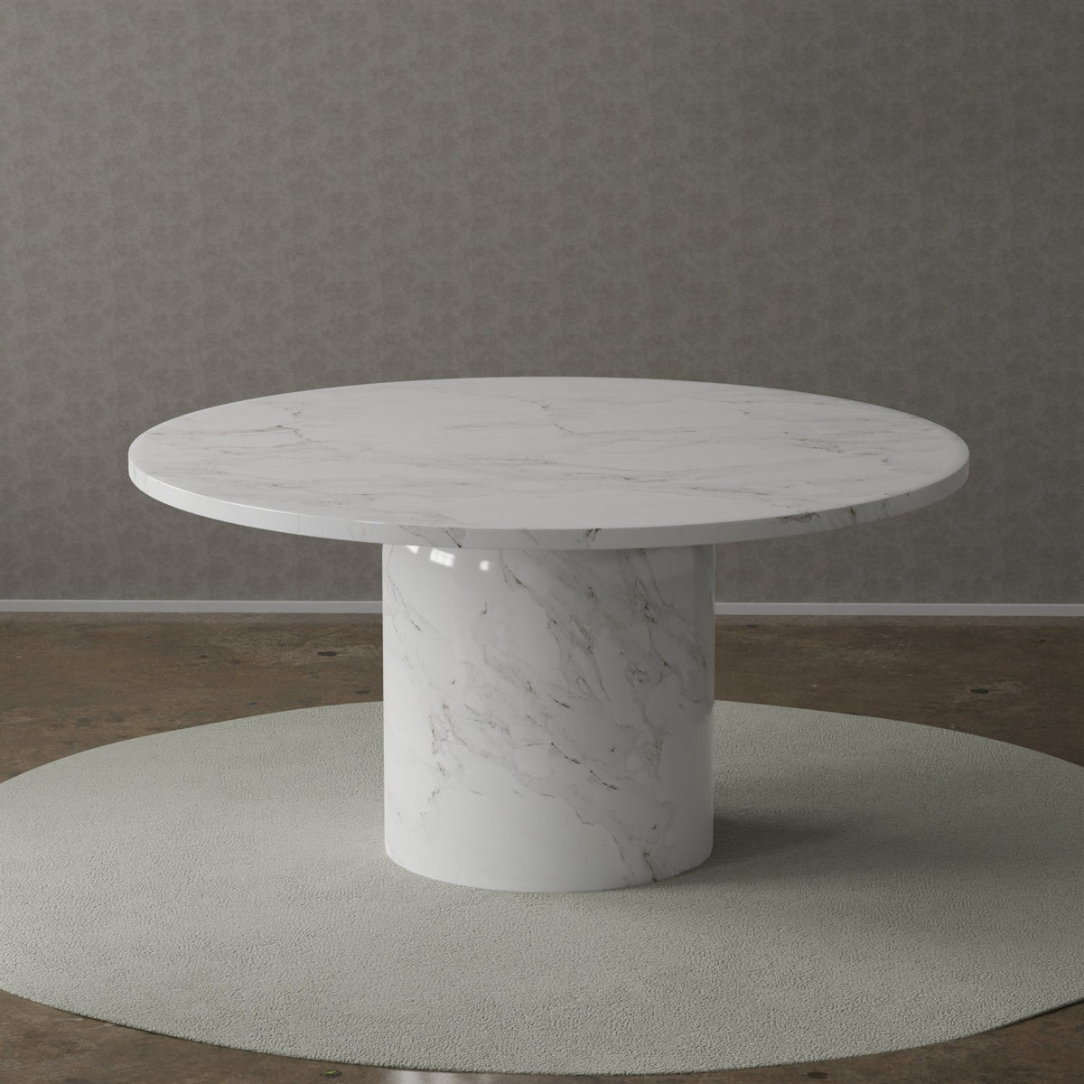 60" GRAY AND WHITE MARBLE PEDESTAL BASE ROUND TOP DINING TABLE - Varnish & Vibe