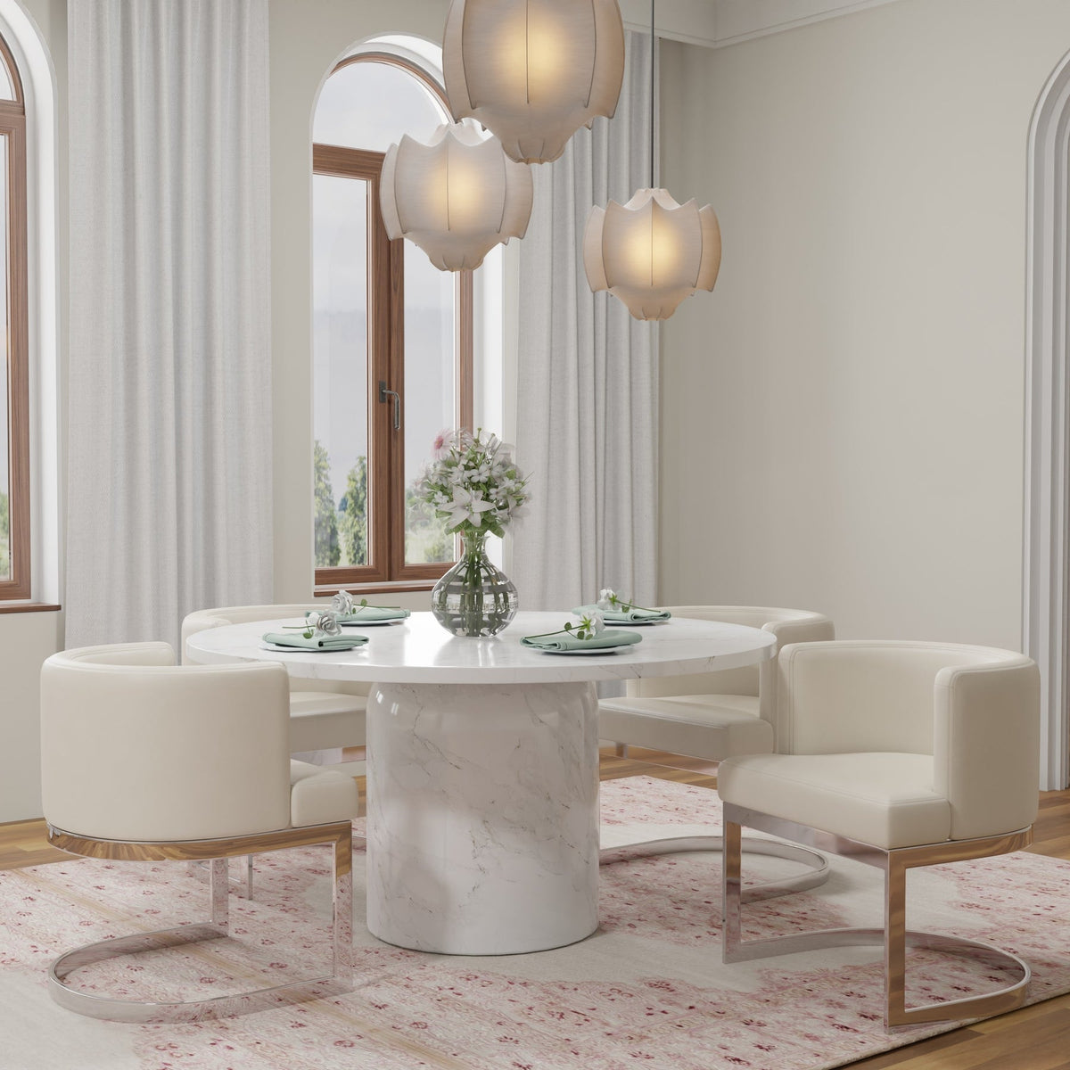 60" GRAY AND WHITE MARBLE PEDESTAL BASE ROUND TOP DINING TABLE - Varnish & Vibe