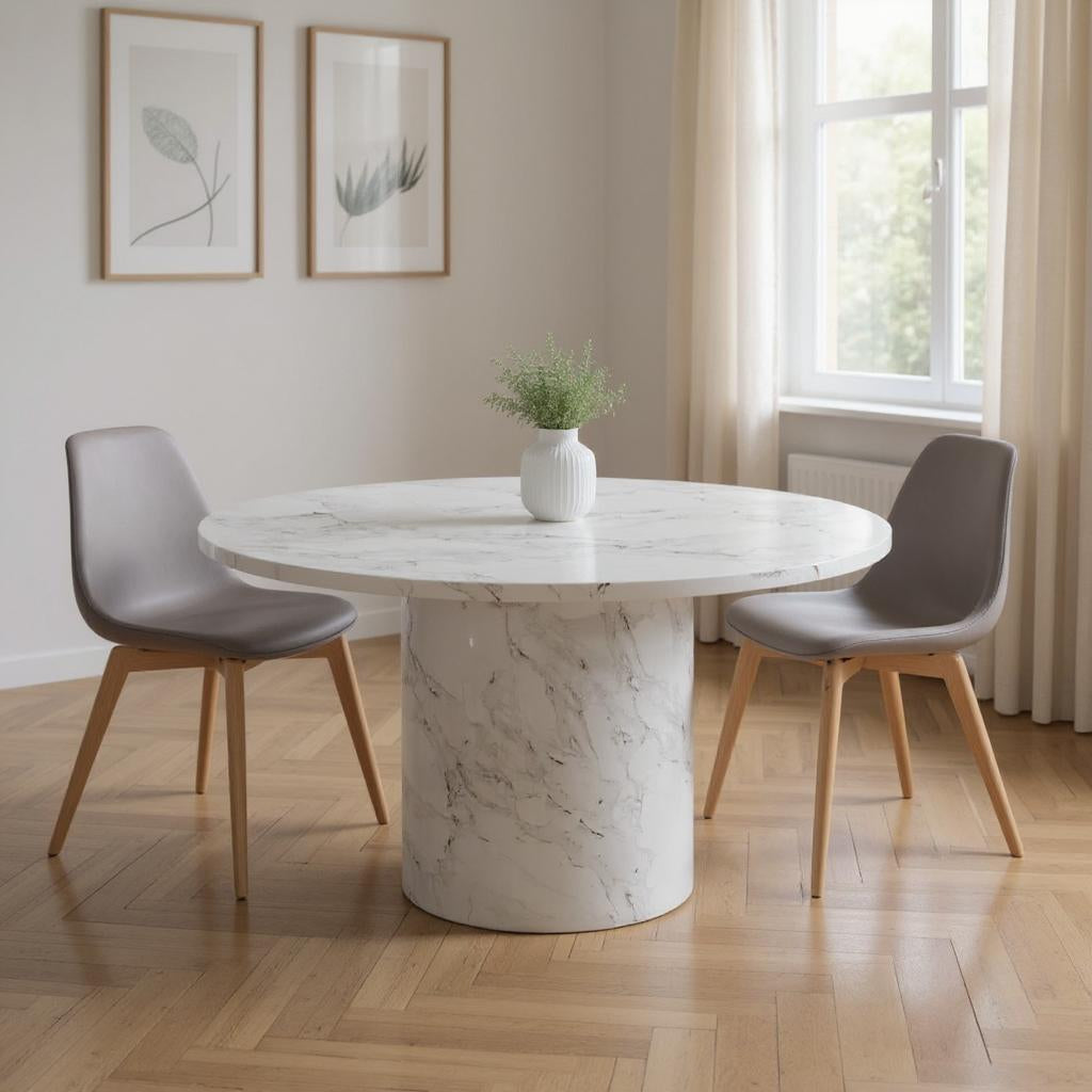 60" GRAY AND WHITE MARBLE PEDESTAL BASE ROUND TOP DINING TABLE - Varnish & Vibe