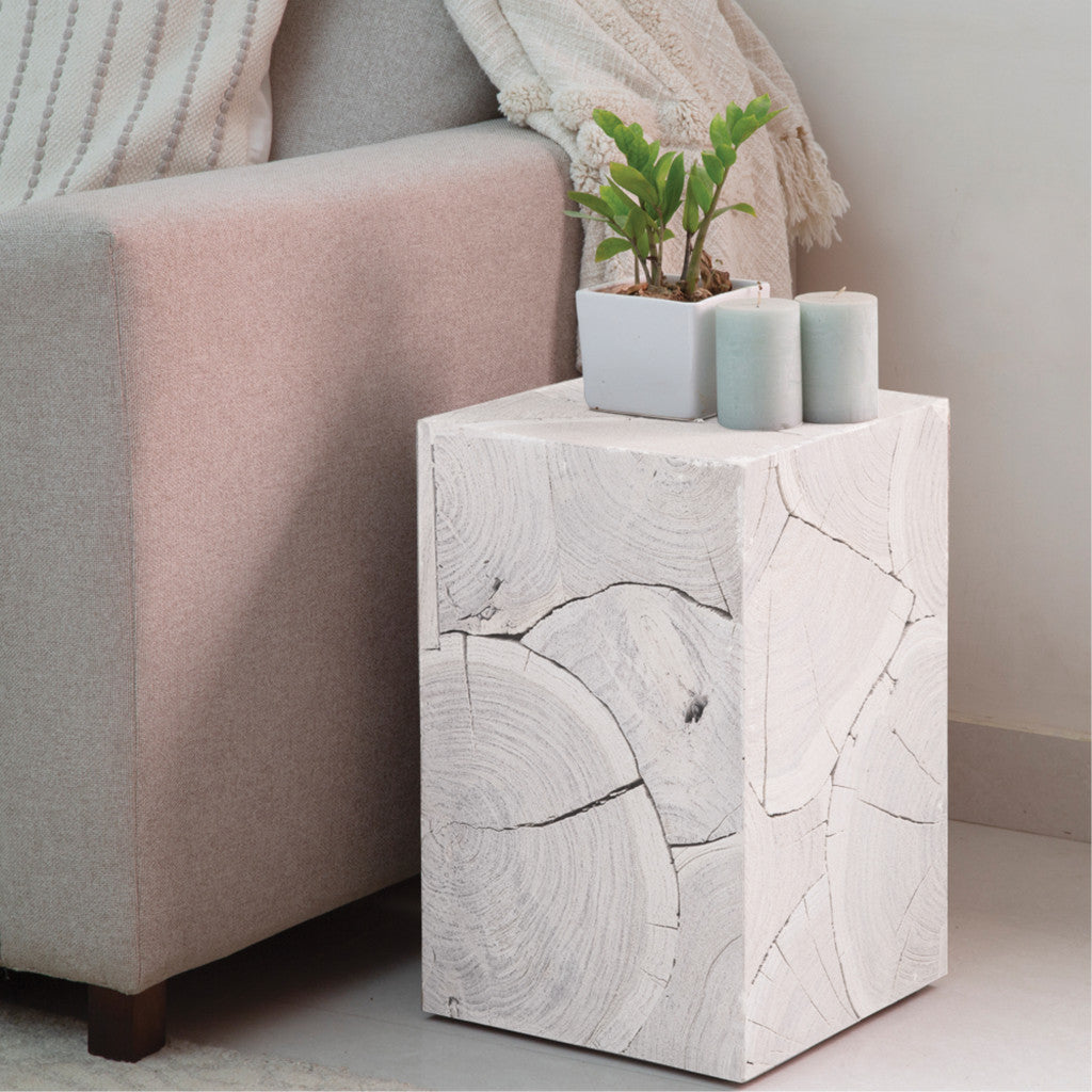 20" WHITEWASH SOLID WOOD BLOCK HANDMADE SQUARE END TABLE - Varnish & Vibe