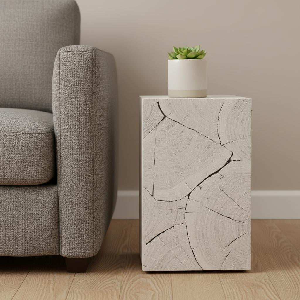 Wooden side table with a plant next to a gray sofa in a living room.