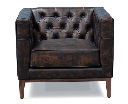 CALABASAS 33" BROWN AND BLACK ANTIQUED TOP GRAIN LEATHER TUFTED CLUB CHAIR - Varnish & Vibe