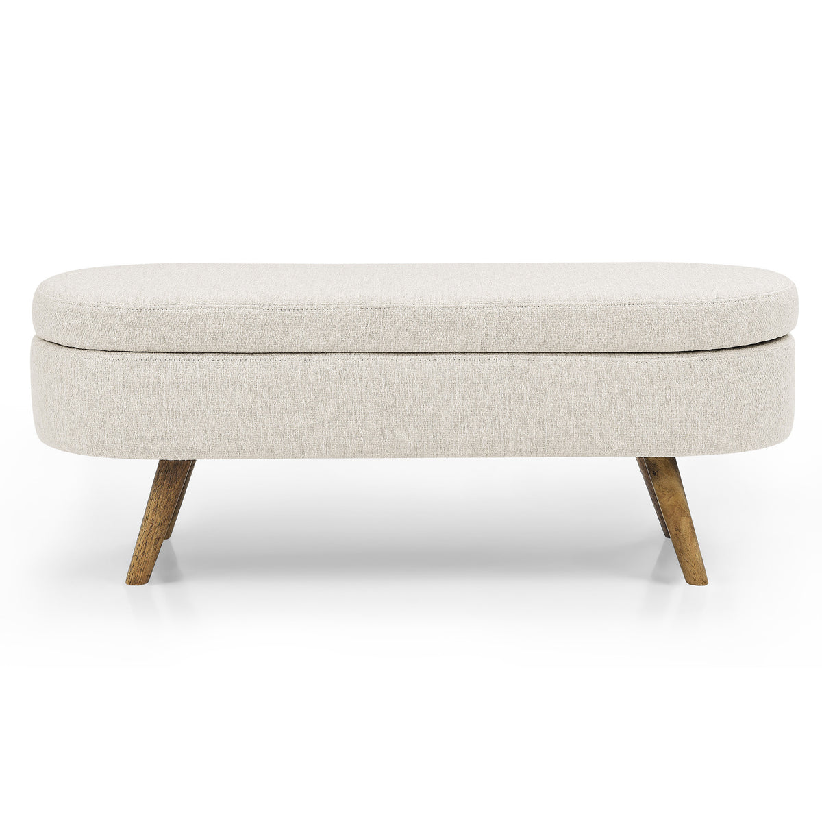Beige linen upholstered storage bench with wood legs from the Palisades fall collection