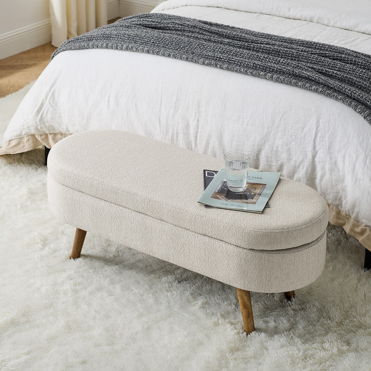 Palisades linen bench styled at the foot of a bed