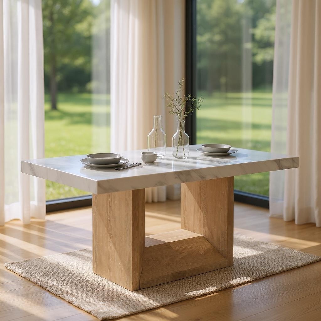 70" WHITE AND NATURAL FAUX MARBLE AND WOOD PEDESTAL BASE DINING TABLE - Varnish & Vibe