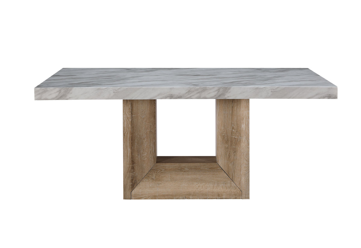 70" WHITE AND NATURAL FAUX MARBLE AND WOOD PEDESTAL BASE DINING TABLE - Varnish & Vibe