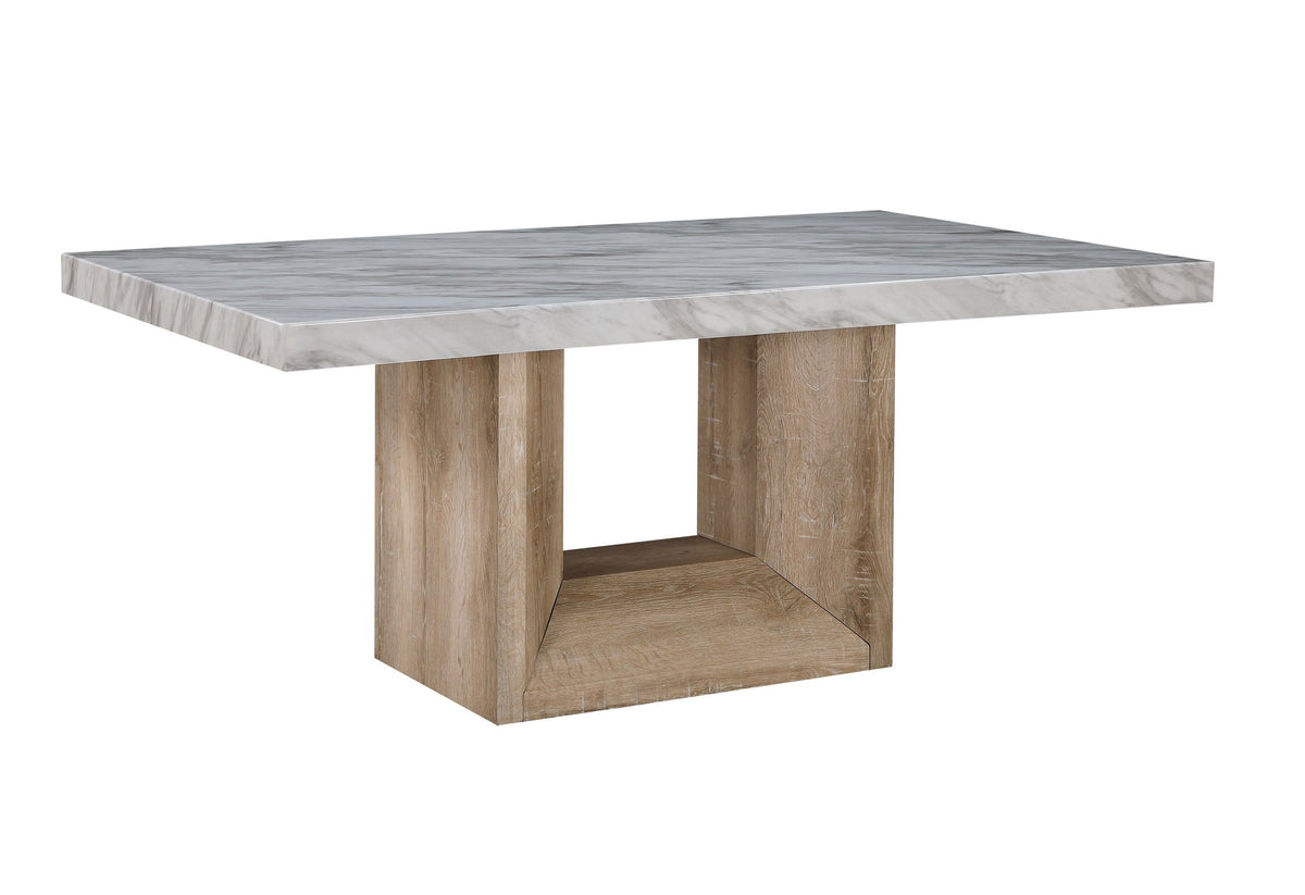 70" WHITE AND NATURAL FAUX MARBLE AND WOOD PEDESTAL BASE DINING TABLE - Varnish & Vibe