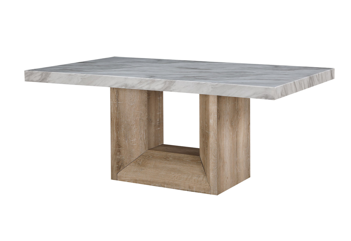 70" WHITE AND NATURAL FAUX MARBLE AND WOOD PEDESTAL BASE DINING TABLE - Varnish & Vibe