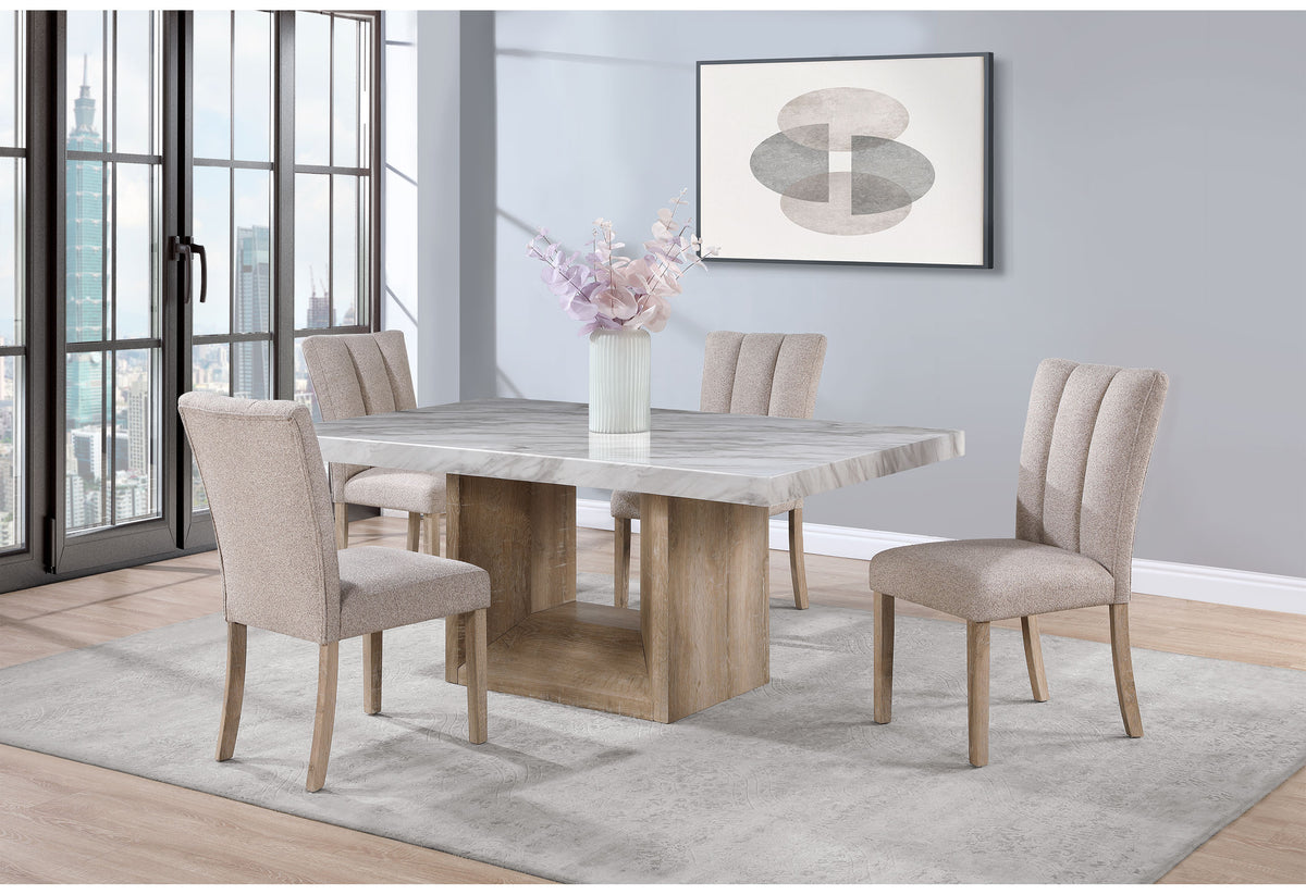70" WHITE AND NATURAL FAUX MARBLE AND WOOD PEDESTAL BASE DINING TABLE - Varnish & Vibe