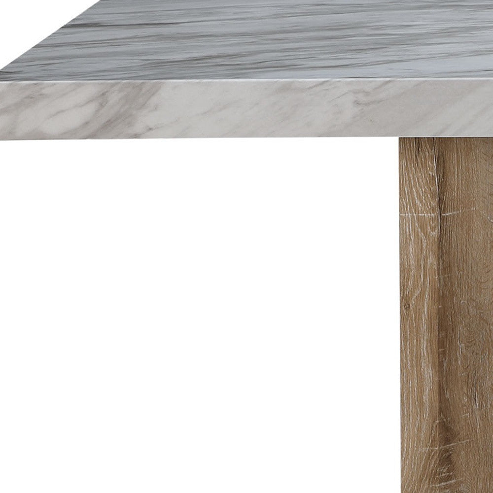 70" WHITE AND NATURAL FAUX MARBLE AND WOOD PEDESTAL BASE DINING TABLE - Varnish & Vibe
