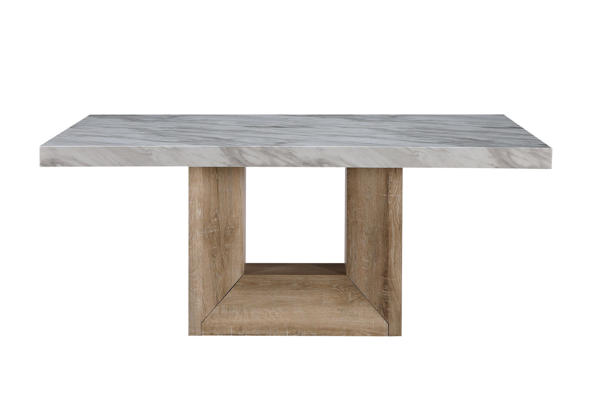 70" WHITE AND NATURAL FAUX MARBLE AND WOOD PEDESTAL BASE DINING TABLE - Varnish & Vibe