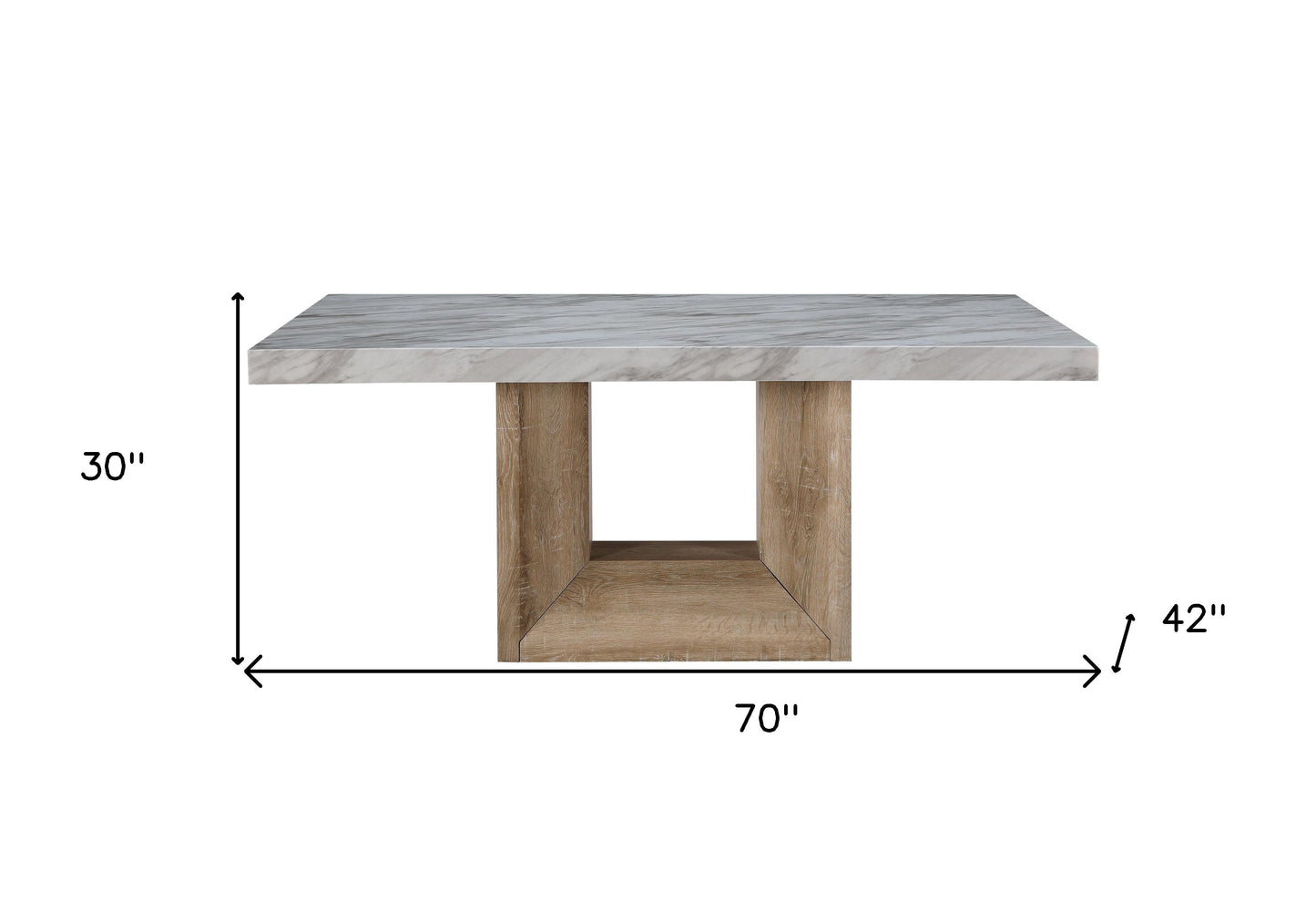 70" WHITE AND NATURAL FAUX MARBLE AND WOOD PEDESTAL BASE DINING TABLE