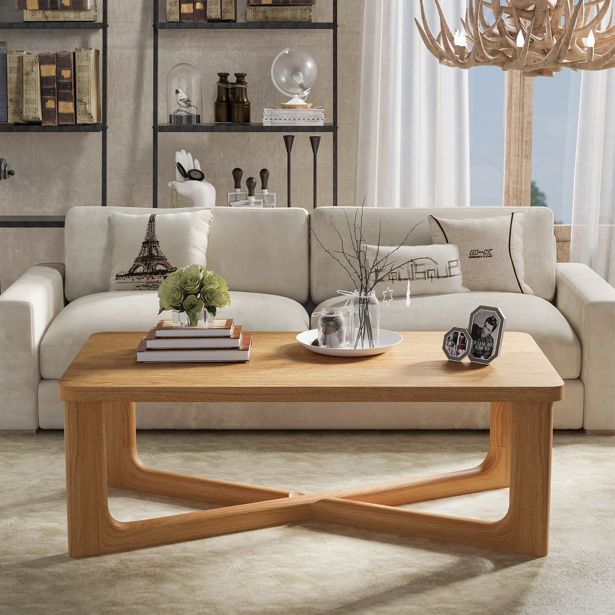 50" NATURAL SOLID WOOD CROSS LEGS COFFEE TABLE - Varnish & Vibe
