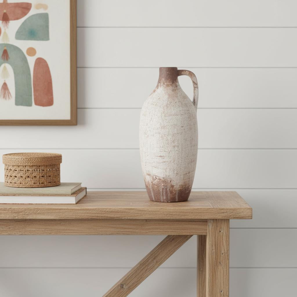 REDONDO 12" IVORY AND BROWN ARTISAN CERAMIC JUG VASE - Varnish & Vibe
