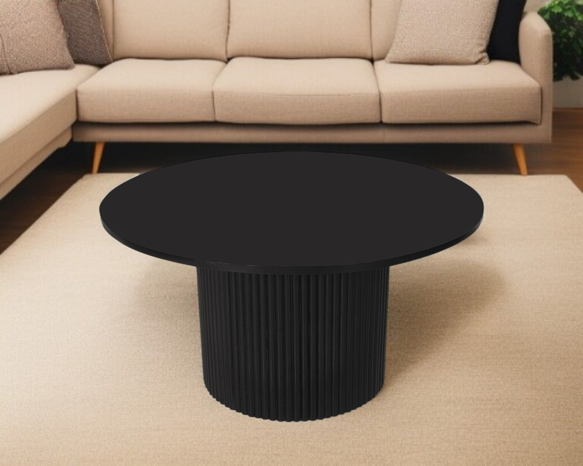 36" BLACK SOLID WOOD ROUND PEDESTAL COFFEE TABLE - Varnish & Vibe