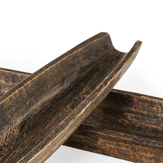 SET OF TWO DARK BROWN SOLID WOOD BOAT VANITY TRAYS