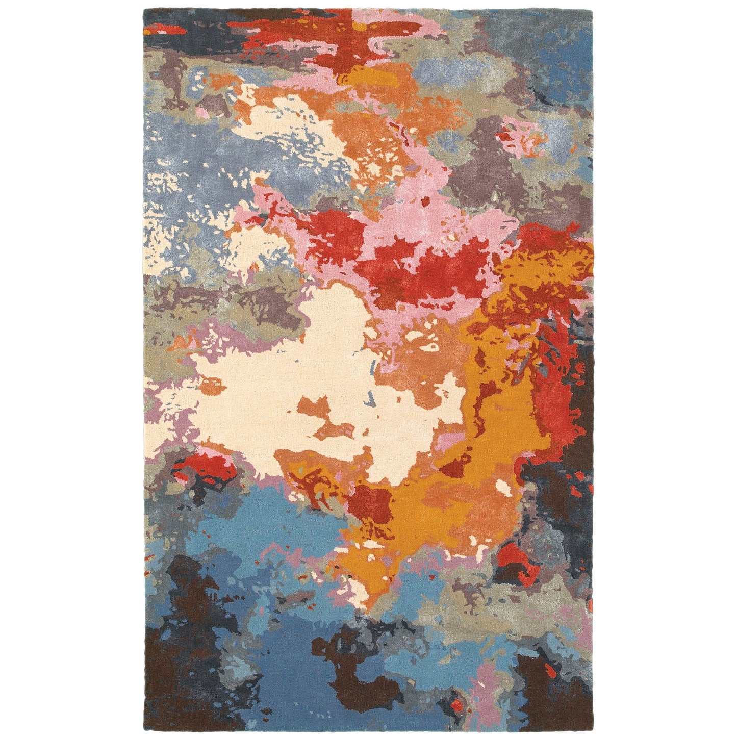 Multicolored abstract patterned rug on a white background