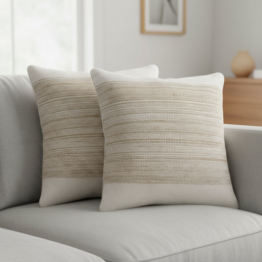 Two beige textured pillows on a gray sofa in a living room setting.