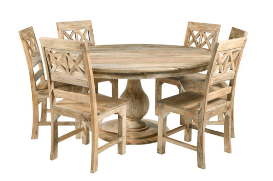 CALABASAS SEVEN PIECE NATURAL ROUND SOLID WOOD DINING SET WITH SIX CHAIRS - Varnish & Vibe