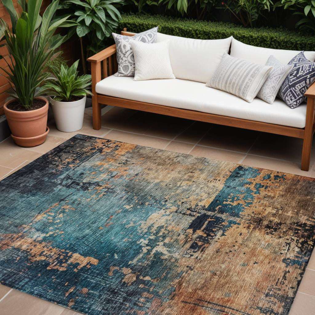 LAKEVIEW 9' x 12' BLUE BLACK COPPER ABSTRACT OUTDOOR RUG