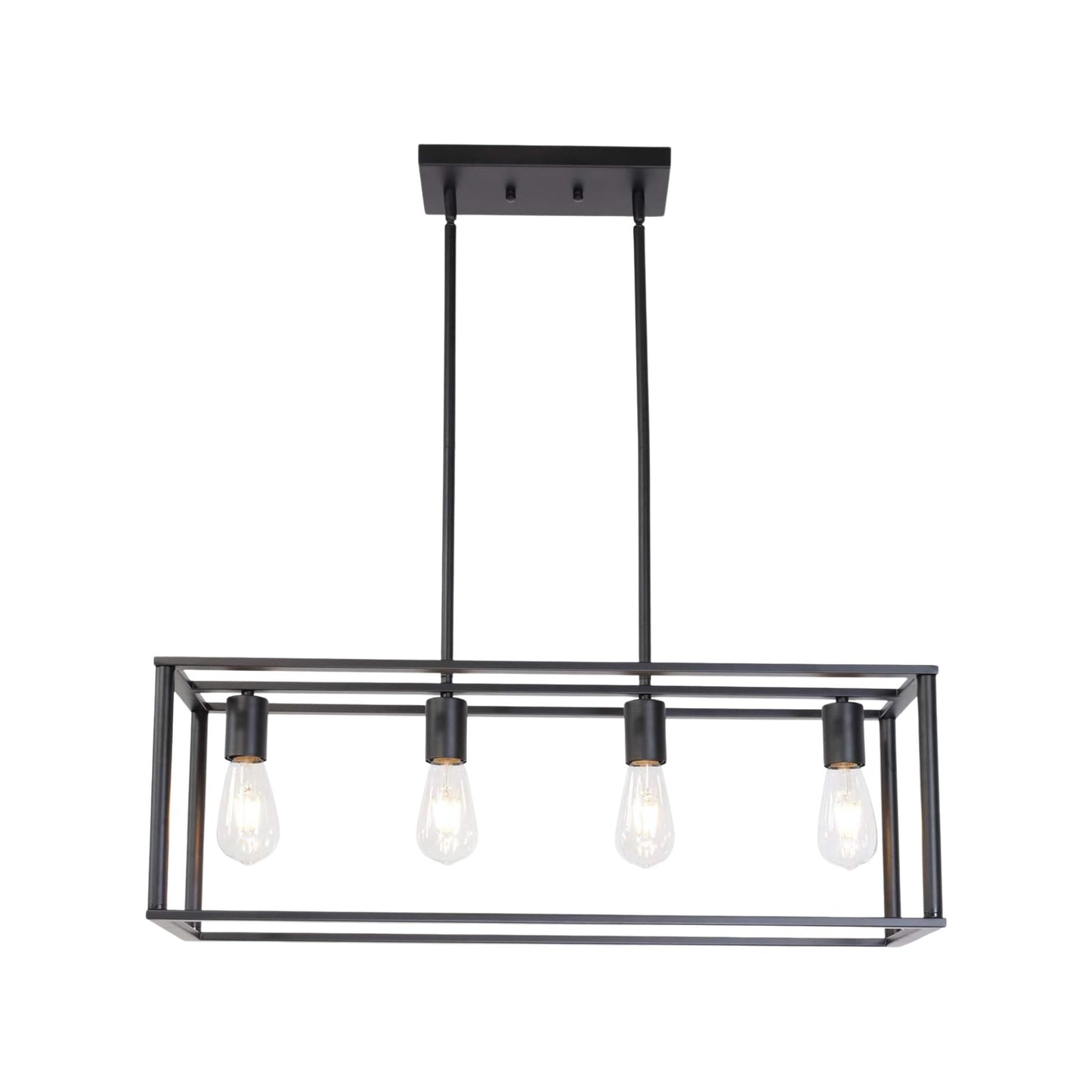 Black rectangular pendant light with four bulbs on a white background