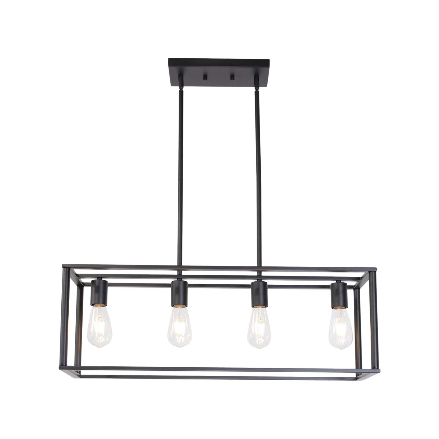 Black rectangular pendant light with four bulbs on a white background