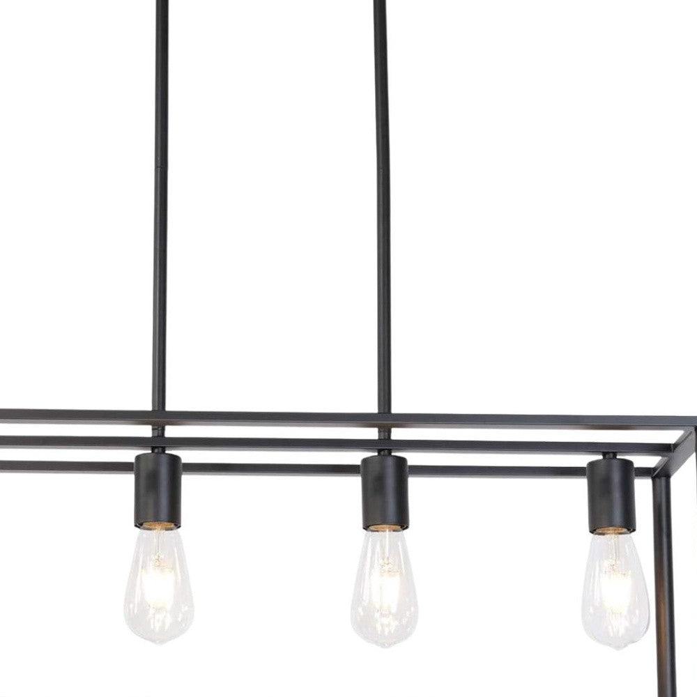 Modern black pendant light fixture with three exposed light bulbs on a white background