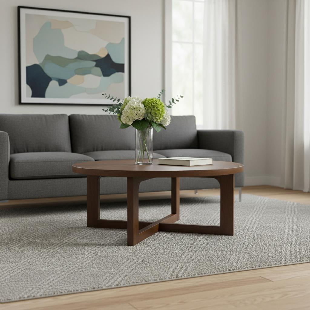 CALABASAS 36" BROWN SOLID WOOD ROUND CROSS LEGS COFFEE TABLE - Varnish & Vibe