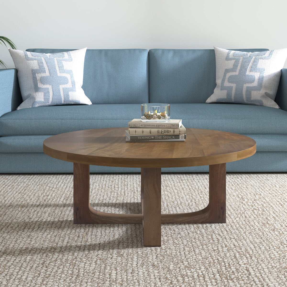 CALABASAS 36" BROWN SOLID WOOD ROUND CROSS LEGS COFFEE TABLE - Varnish & Vibe