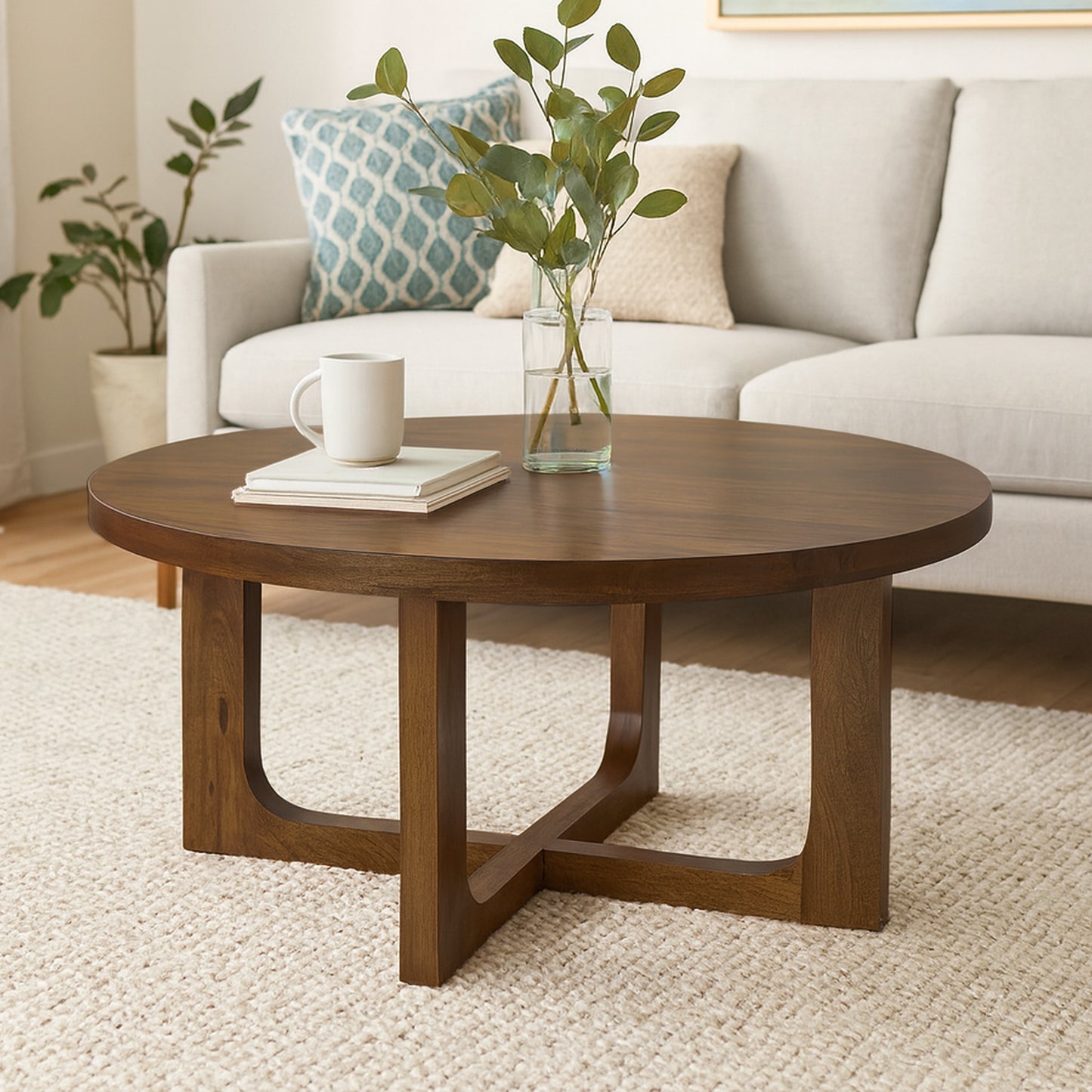 round cross legs coffee table, cross legs coffee table, legs coffee table, wood round cross legs coffee, 36" brown solid wood round