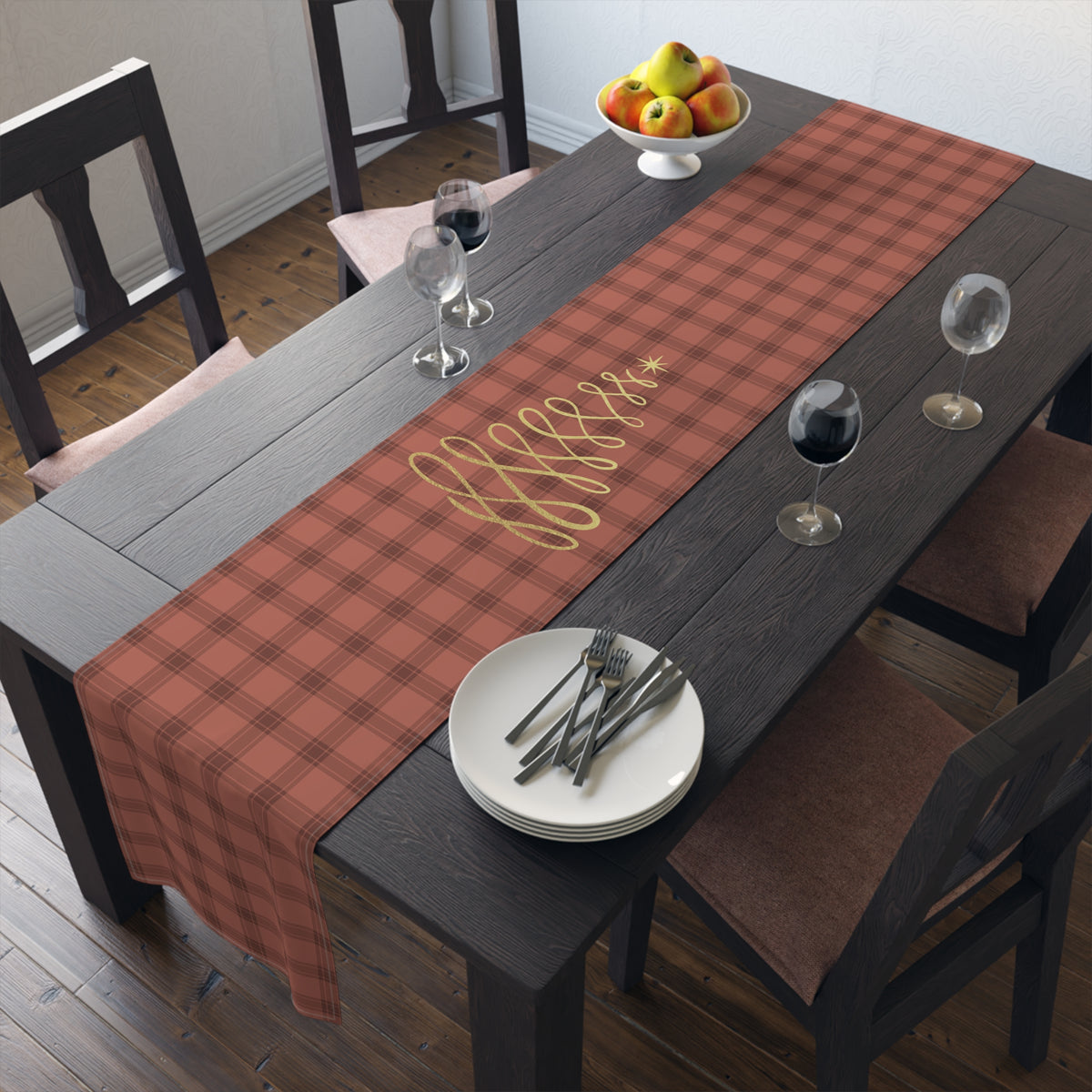 Red Tartan Christmas Tree Table Runner (Cotton, Poly) - Varnish & Vibe