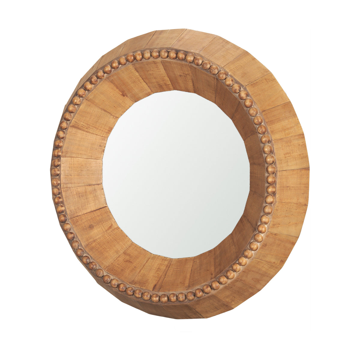 MALIBU 30" BROWN SOLID WOOD FACETED AND BEADED ROUND FRAMED ACCENT MIRROR - Varnish & Vibe
