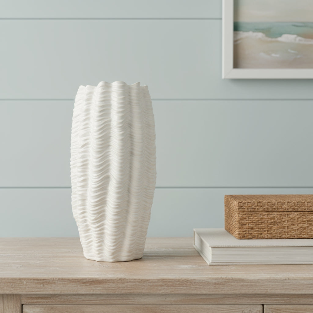 24" CREAM CYLINDER CERAMIC SCULPTURAL WAVES TABLE VASE - Varnish & Vibe