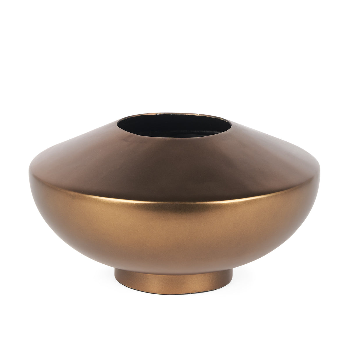 Low antiqued bronze metal table vase from the Palisades fall collection