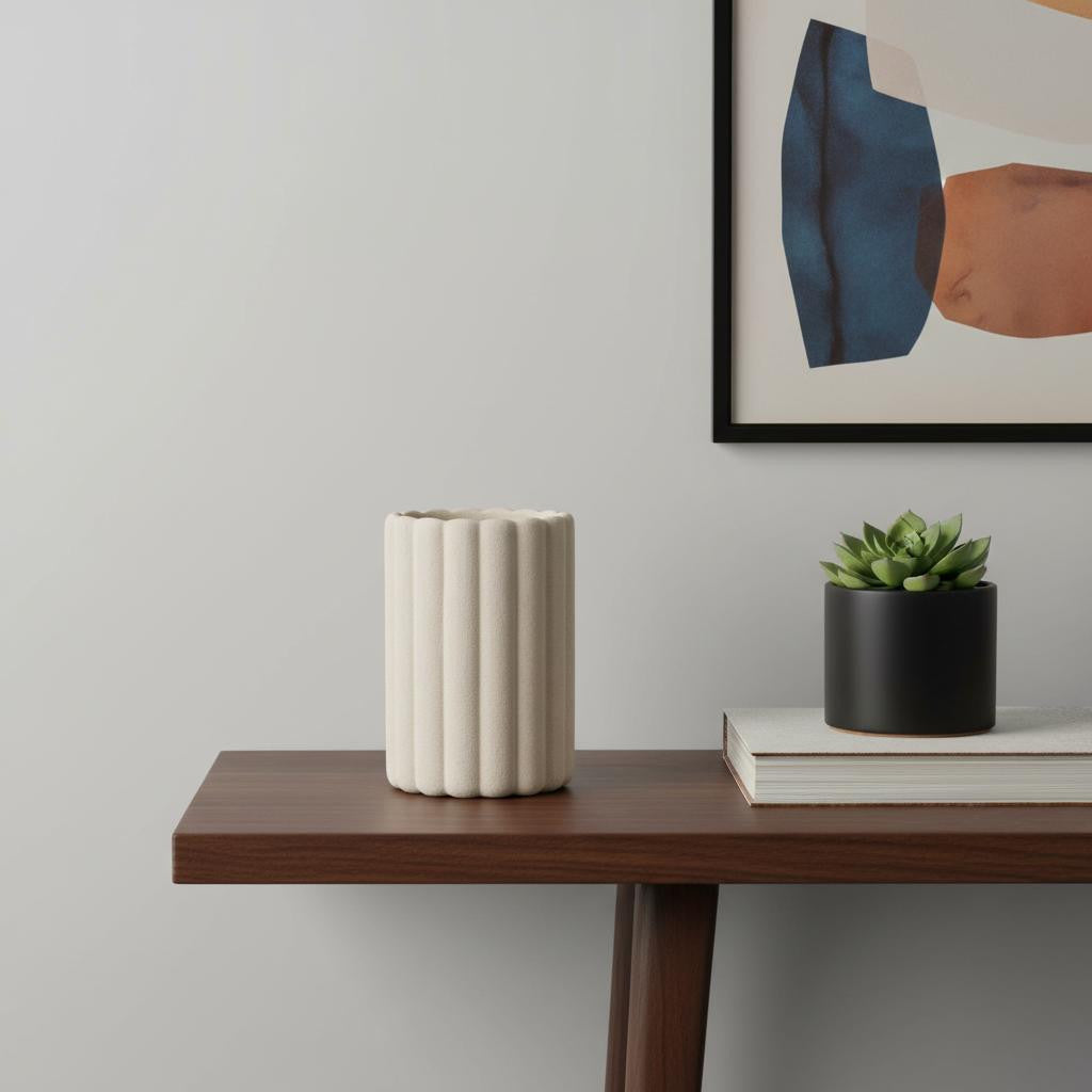 11" BEIGE CYLINDER RIBBED TEXTURE CERAMIC TABLE VASE - Varnish & Vibe