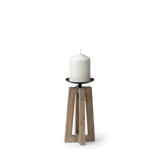 9" LIGHT BROWN DISTRESSED GEOMETRIC SOLID WOOD AND METAL TABLETOP PILLAR CANDLE HOLDER