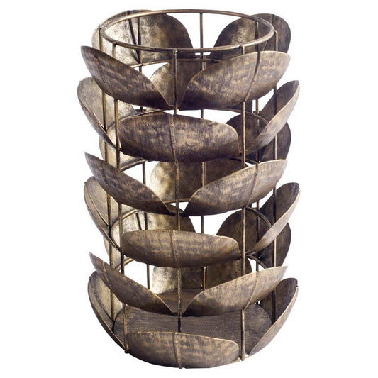 LAUREL 10" BRONZE DISTRESSED BOTANICAL LEAF METAL TABLETOP HURRICANE CANDLE HOLDER