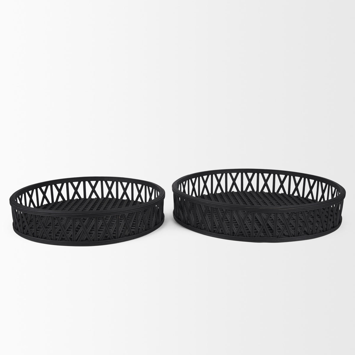 SET OF TWO BLACK ROUND WICKER HANDMADE SERVING TRAYS - Varnish & Vibe