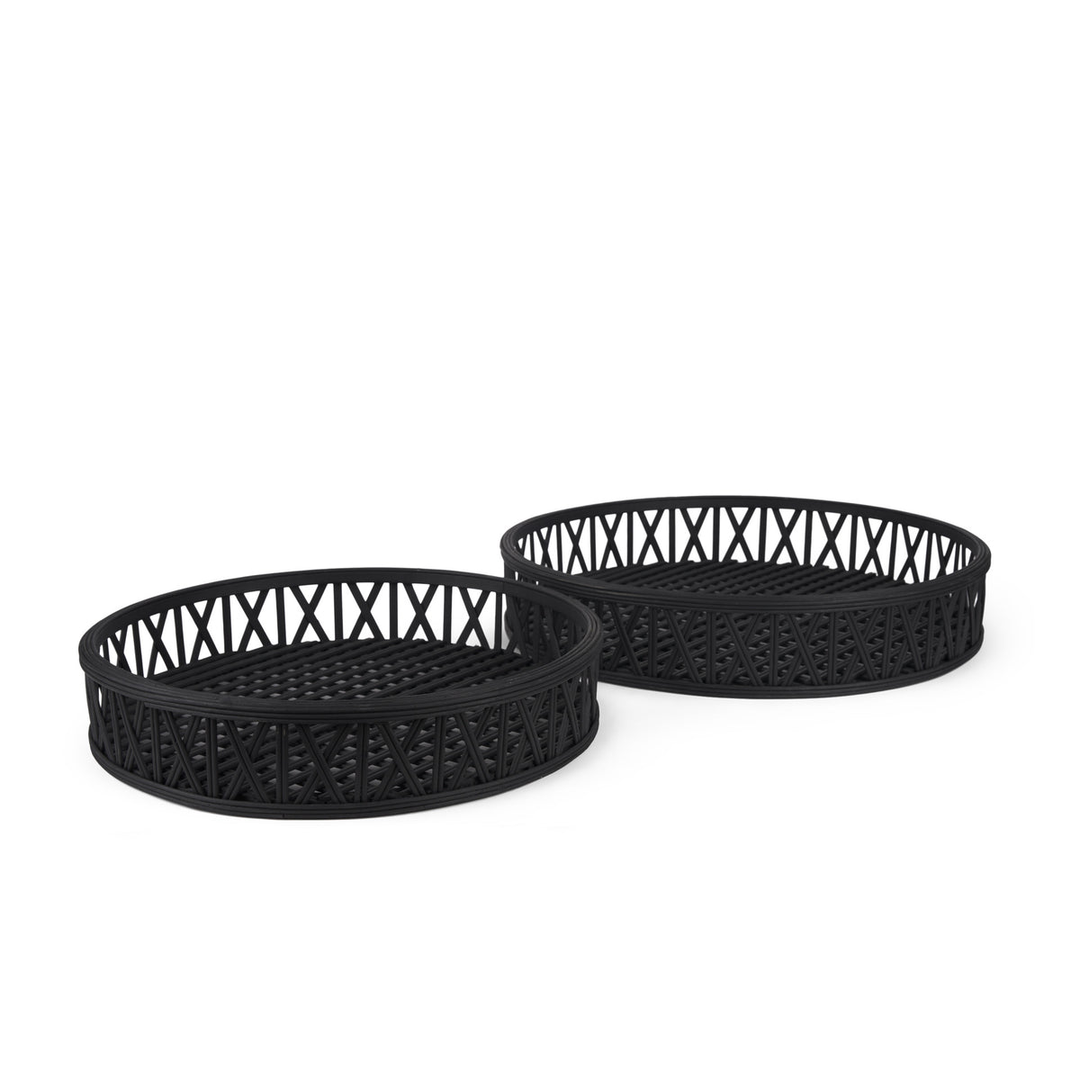 SET OF TWO BLACK ROUND WICKER HANDMADE SERVING TRAYS - Varnish & Vibe