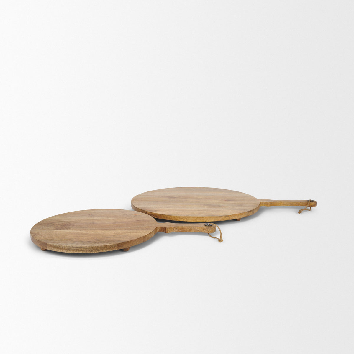 CALABASAS SET OF TWO NATURAL SOLID WOOD HANDMADE ROUND SERVE BOARDS WITH HANDLES - Varnish & Vibe
