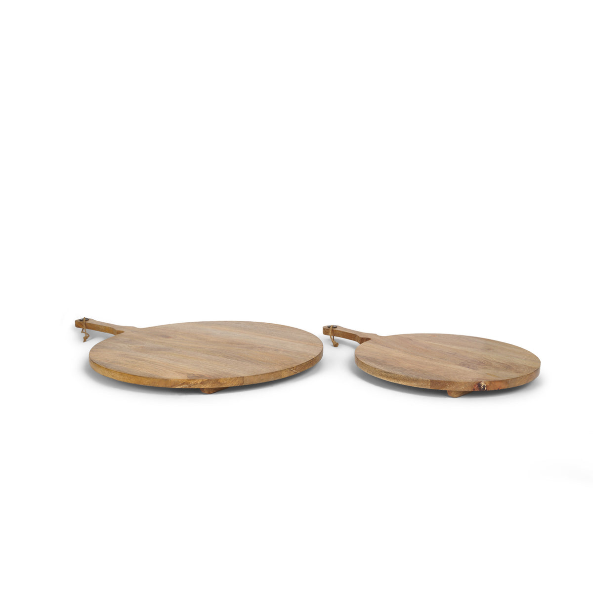 CALABASAS SET OF TWO NATURAL SOLID WOOD HANDMADE ROUND SERVE BOARDS WITH HANDLES - Varnish & Vibe