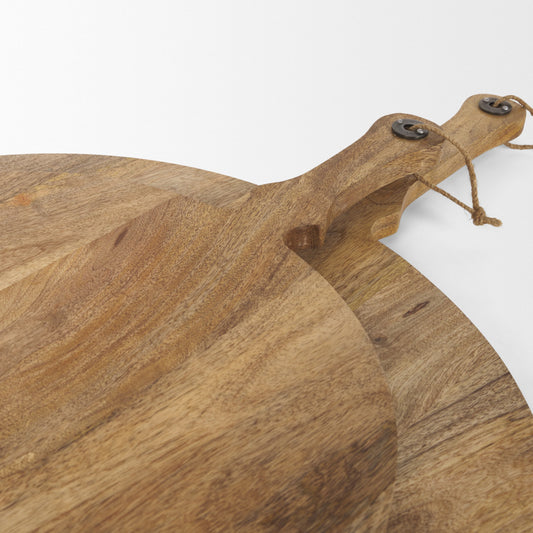 CALABASAS SET OF TWO NATURAL SOLID WOOD HANDMADE ROUND SERVE BOARDS WITH HANDLES - Varnish & Vibe