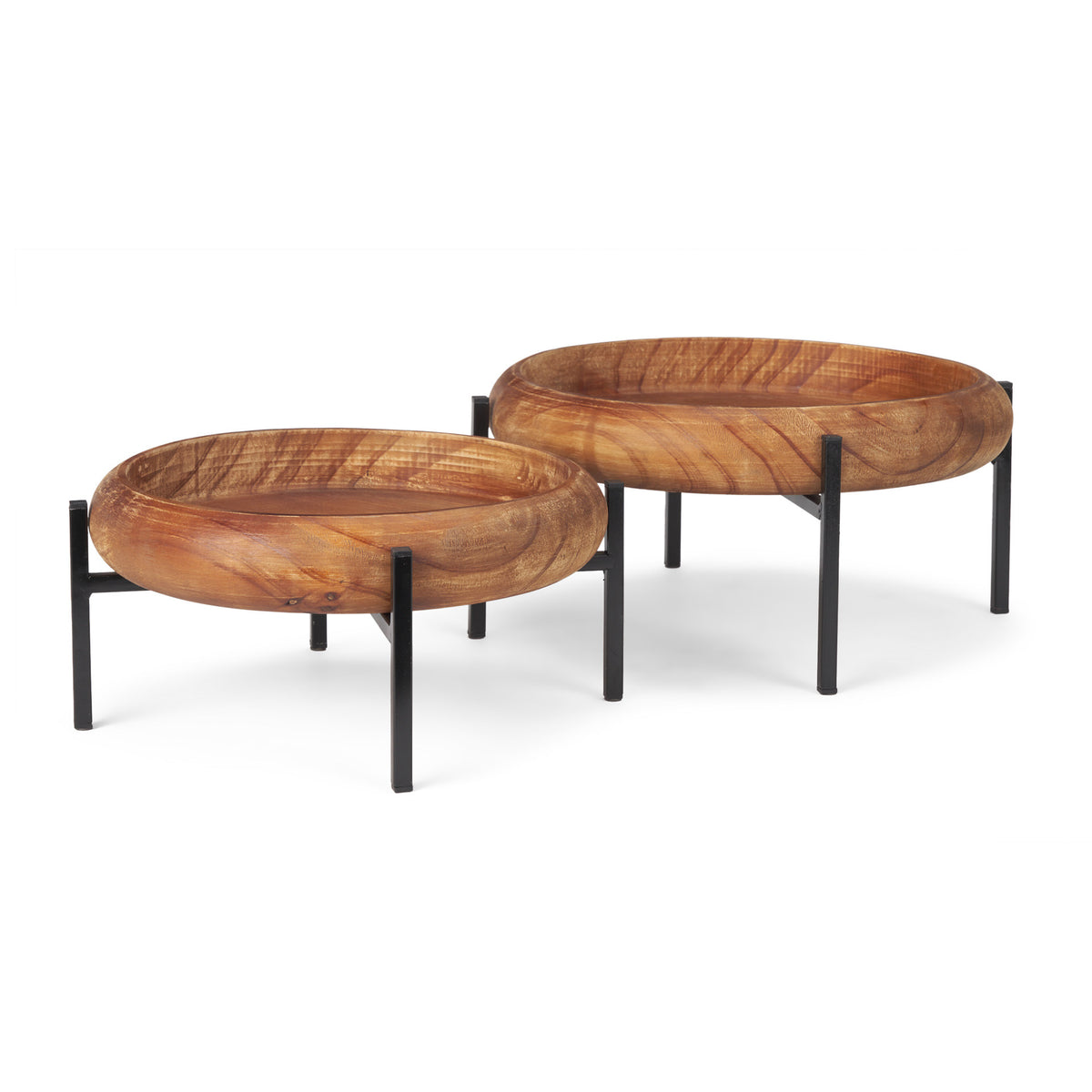 SET OF TWO BROWN SOLID WOOD HANDMADE ROUND SERVING TRAYS WITH STANDS - Varnish & Vibe
