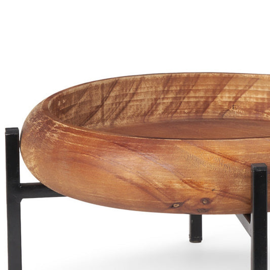 SET OF TWO BROWN SOLID WOOD HANDMADE ROUND SERVING TRAYS WITH STANDS