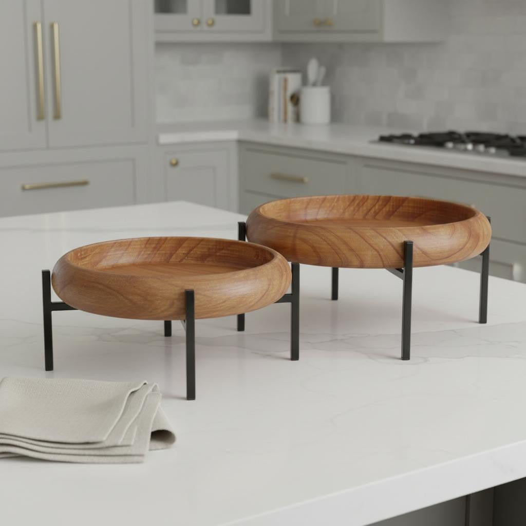SET OF TWO BROWN SOLID WOOD HANDMADE ROUND SERVING TRAYS WITH STANDS - Varnish & Vibe
